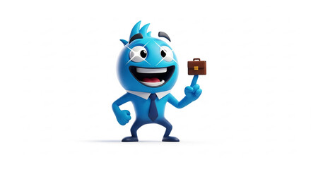Cheerful blue cartoon mascot holding briefcase business success concept