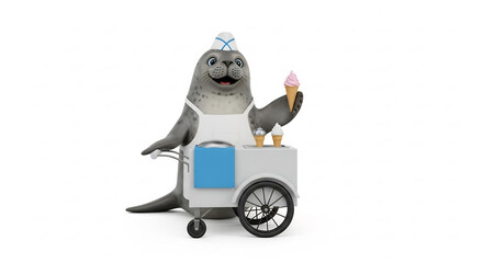 Cheerful cartoon seal selling ice cream summer fun illustration