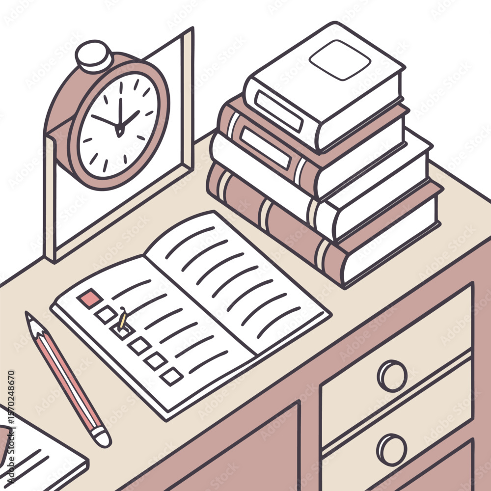 Poster isometric illustration of a desk with an open notebook a stack of books a pencil and a clock symboli