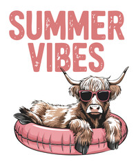 Summer Vibes Funny Highland Cow in Pool Float T-Shirt design vector, Relaxing Highland Cow with Sunglasses,  Summer Tee, Summer Vibes, Highland cow, Scottish Highland cow, cow, cattle, animal, funny, 