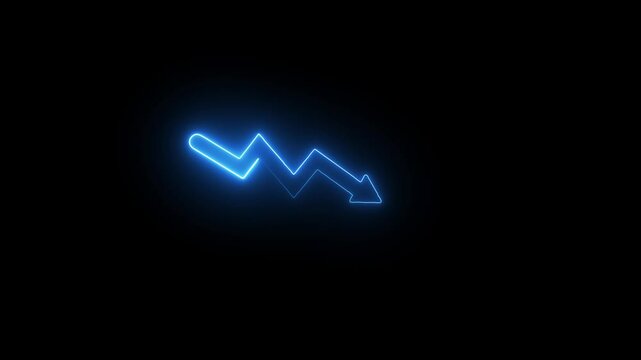 Neon line Down business graph icon animation on black background. business or finance concept icon. business loss concept arrow stocks graph, concept of financial crisis, market fall. Money, profi