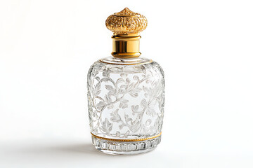 Elegant perfume bottle featuring intricate floral designs and a golden cap on a white background, showcasing luxury and refinement.