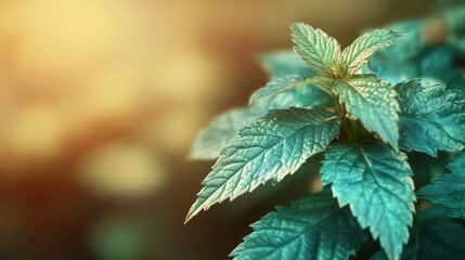 Green mint leaves glistening in sunlight during early evening hours