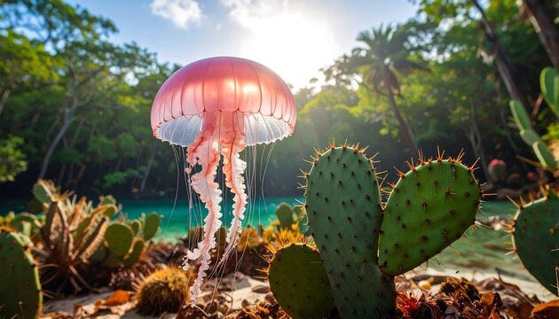 Floating Pink Jellyfish Surreal Desert Beach Scene