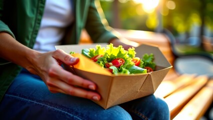Person eating salad in biodegradable takeout container