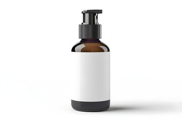 Brown glass bottle features a sleek black pump and a blank white label ideal for lotion, serum, or skincare product mockups.
