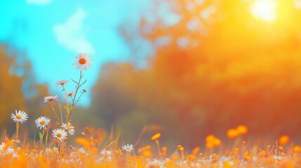 Bright wildflowers bloom under a warm sunset in a vibrant meadow