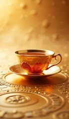 Elegant Golden Tea Cup on Ornate Surface with Warm Background