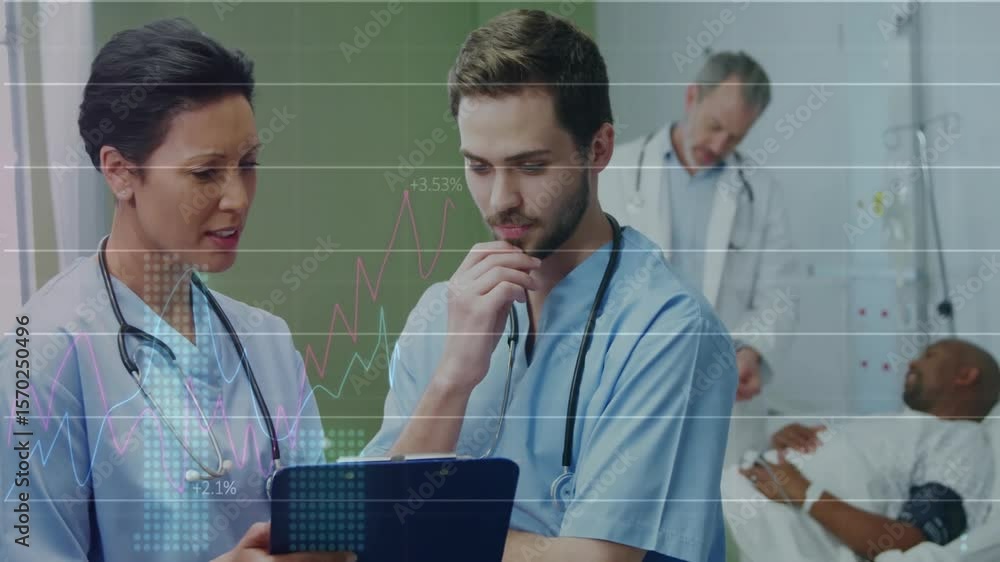 Poster female doctor discussing patient condition causing grid lines and graphs rising from tablet display