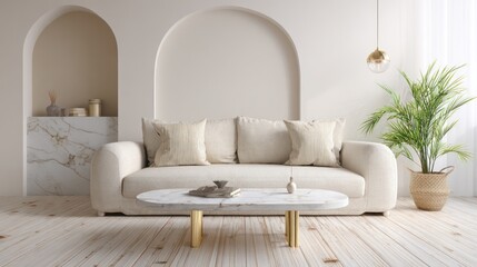 Soft, inviting living room with beige sofa, arch, marble table, and plant, light wood floor