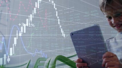 Boy grabbing tablet tapping screen generating candlestick chart rising falling for finance tracking - Powered by Adobe