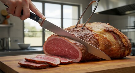 Slicing through a perfectly cooked roast beef on a wooden board. 