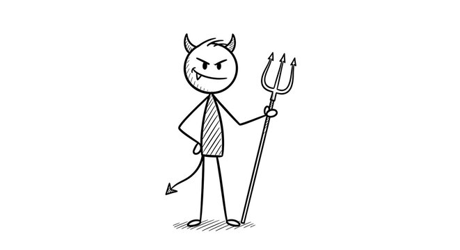 Cartoon stick figure dressed as devil holding trident, symbolizing mischief and hell
