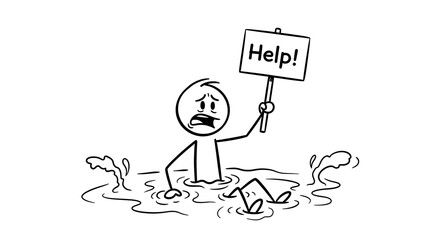 Cartoon stick man drowning and holding a Help sign, symbolizing despair and call for assistance