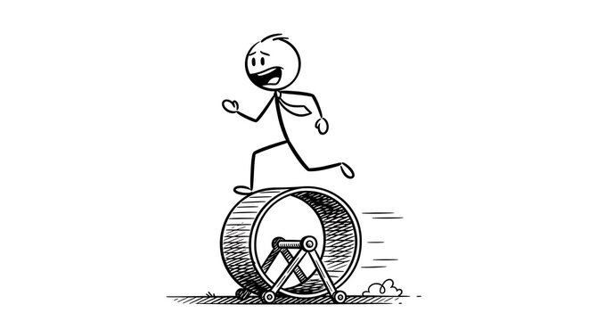 Cartoon stickman in hamster wheel, business metaphor for futile work or effort
