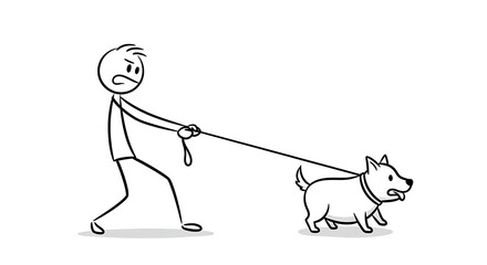 Frustrated stick figure struggles to control his determined pet dog on a walk