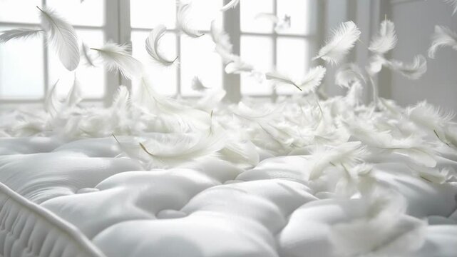 Soft white feathers float gently above a plush mattress in a serene, well-lit room during the day