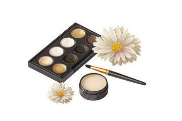 Natural makeup palette with daisies and brush for beauty and skincare