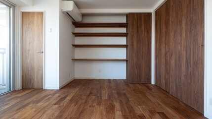 Fototapeta premium Minimalist apartment space features wooden floors, shelves, and matching sliding doors