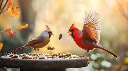 Pair of cardinals feeding on birdbath
. Male and female cardinals feeding on stone birdbath in autumn leaves. Colorful scene capturing wild bird care and backyard feeding. National Bird Feeding Month