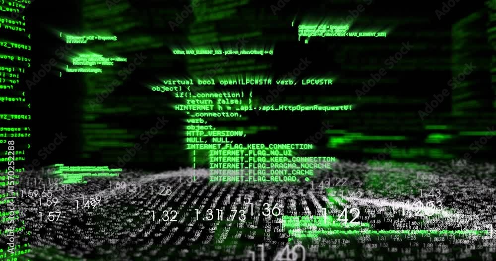Poster Upon script start green code scrolling across grid, numbers drifting and highlight framing snippet