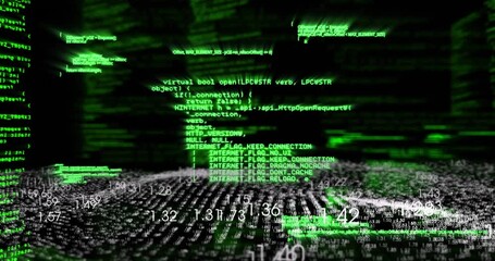 Upon script start green code scrolling across grid, numbers drifting and highlight framing snippet - Powered by Adobe