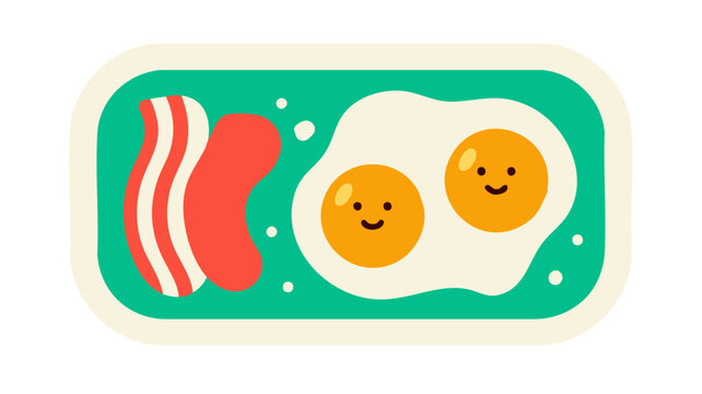 Cute breakfast cartoon illustration with bacon and eggs vector art for kids and food lovers design