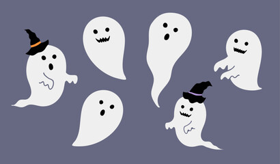 シンプルでかわいい白いお化けと魔女の帽子のおばけのイラストセット（ハロウィン 幽霊 魔女 帽子 ベクター） © Studio MUSUBI