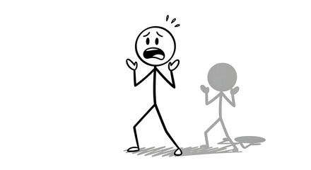 Stick figure with shadow expresses fear and anxiety on a white background