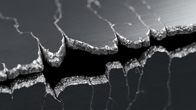 Slow motion close up of metal surface cracking with intricate fracture details in high definition