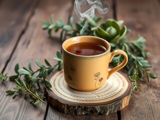 Ceramic Tea Mug on Wooden Surface with Steam By Visnora, No 015 - AI Generated