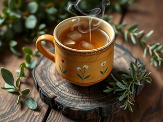 Ceramic Tea Mug on Wooden Surface with Steam By Visnora, No 013 - AI Generated
