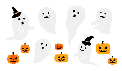 白いお化けと魔女の帽子のおばけ、ジャックオランタンのかわいいイラストセット（ハロウィン 幽霊 かぼちゃ 魔女 ベクター） © Studio MUSUBI