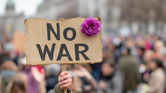 Anti War and Global Protest movement, No war protest sign with a flower in a crowd setting.