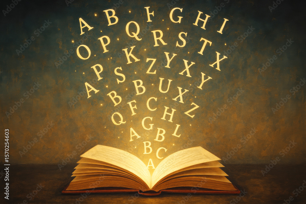 Poster glowing alphabet letters ascending from open book image