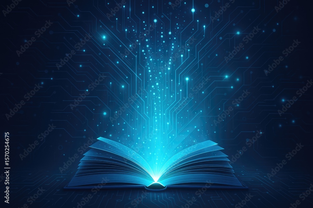 Poster glowing digital tome emanating light and data book open