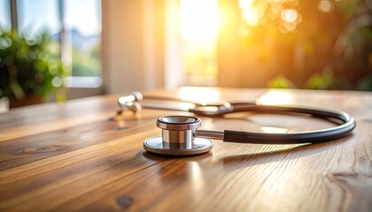 Obraz premium Stethoscope rests on a wooden table top