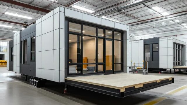 Modern prefabricated home designed for efficient living showcased in a production facility
