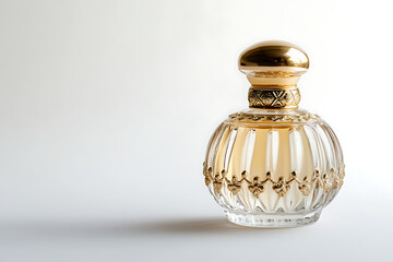 Elegant perfume bottle showcases luxurious gold accents and clear glass design, evoking sophistication and glamour against a minimalist background.
