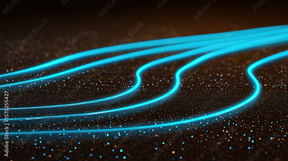 Poster abstract glowing blue lines on a dark surface with scattered sparkling particles creating a futurist