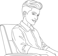 Line Art of Confident Businesswoman Seated in Office Chair Smiling Directly at Viewer Professional Portrait