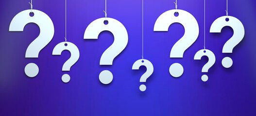 hanging question marks on blue background abstract inquiry concept illustration