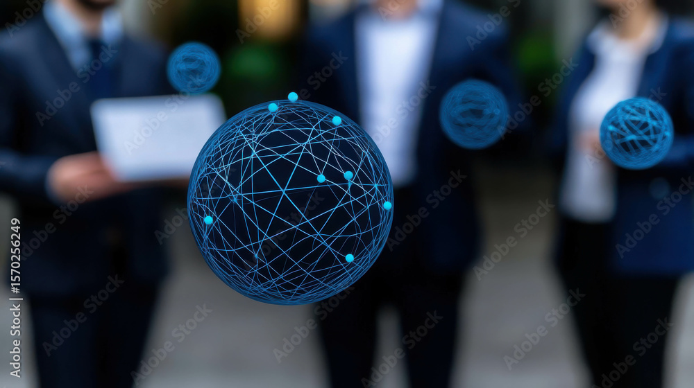 Aufkleber business professionals with digital globe symbolizing global connectivity and networking in modern c
