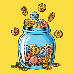 Falling Coins into Glass Jar Saving Money Investment Growth Financial Freedom.