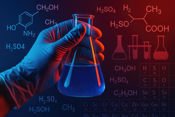 Hand holding flask with blue liquid surrounded by chemical formulas and periodic table elements