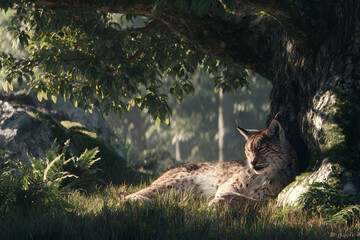 Fototapeta premium lynx resting under tree, calm forest with green foliage in nature