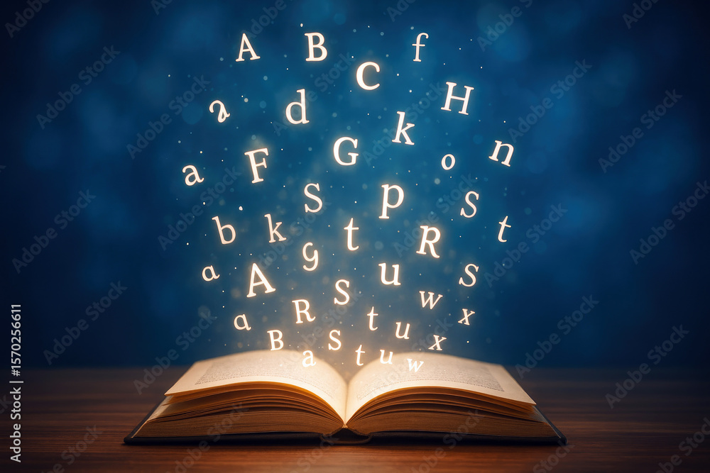 Poster illuminated letters ascend from open book alphabet glowing