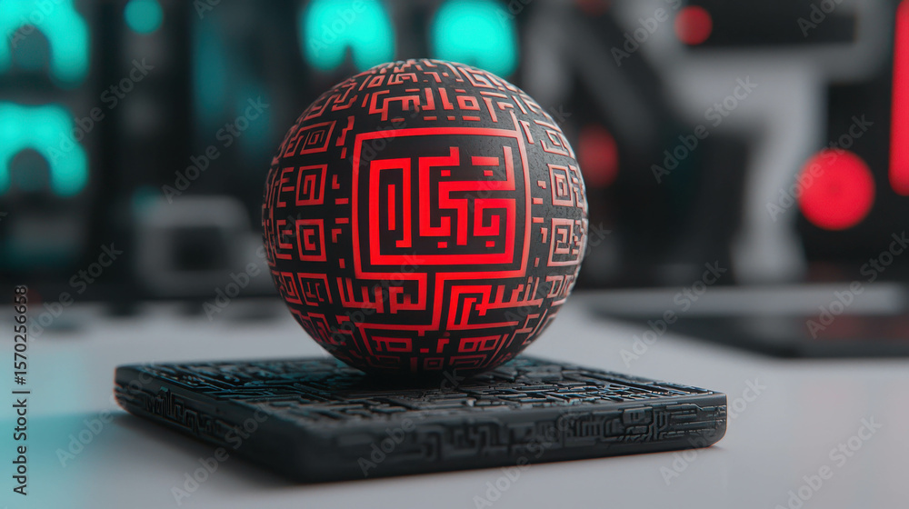 Poster red and black geometric sphere on dark textured base with abstract background design, ideal for mode