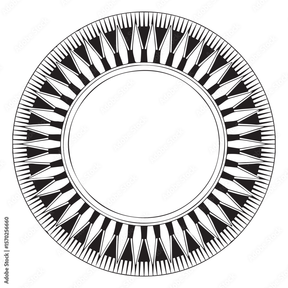 Poster circular black and white geometric tribal design with sharp triangular elements and a central empty 