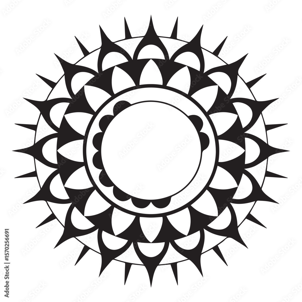 Poster intricate black and white geometric sun mandala with sharp pointed rays and circular patterns